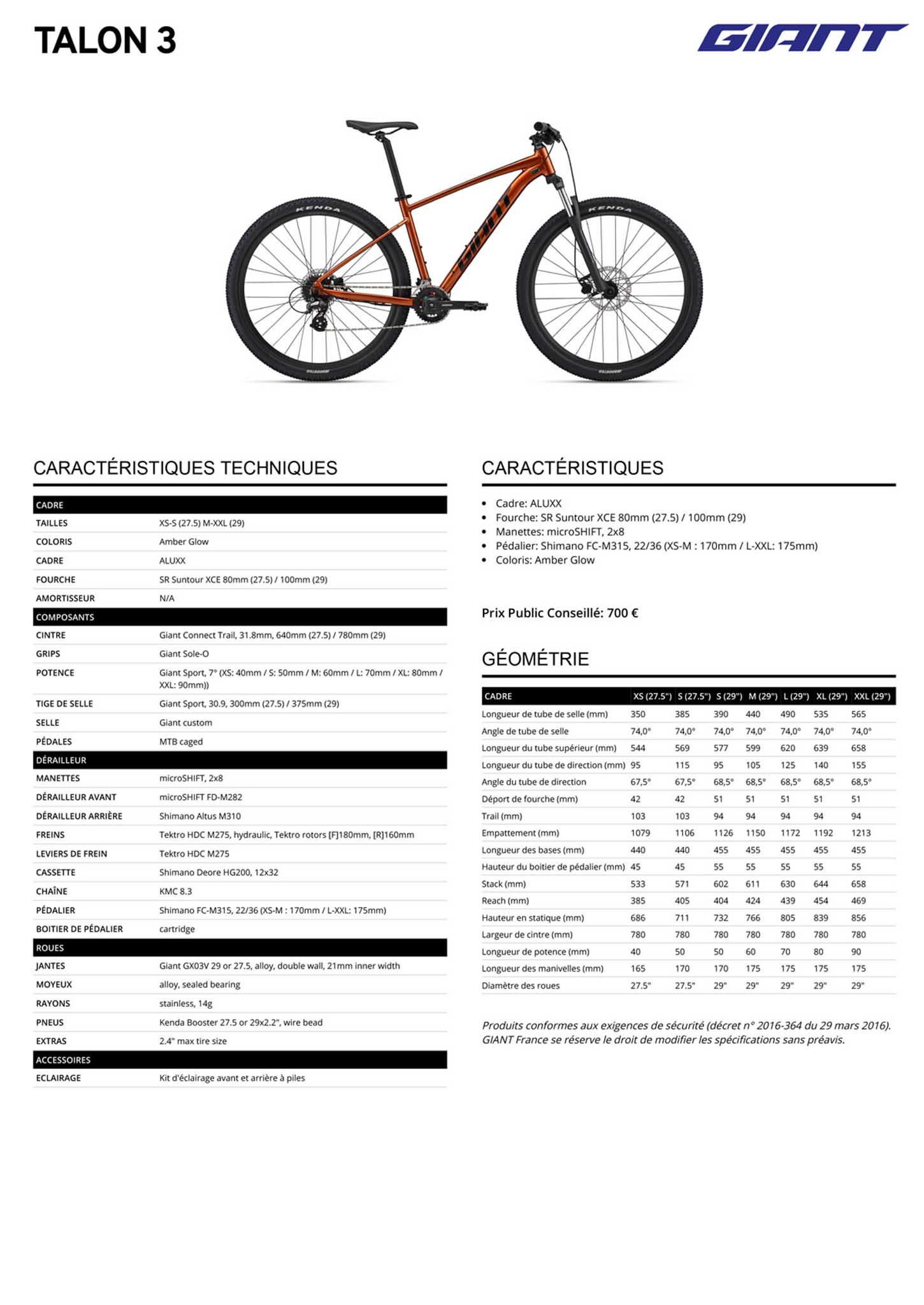 Fiche technique du velo Talon 3 année 2022